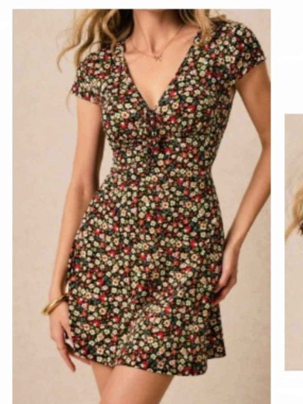 NEW 2026 Floral Black V-Neck mini Dress Small
